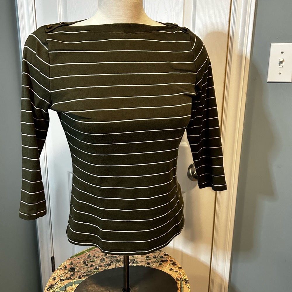 Ralph Lauren 3/4 sleeve stripped forest greet t shirt, petite medium.